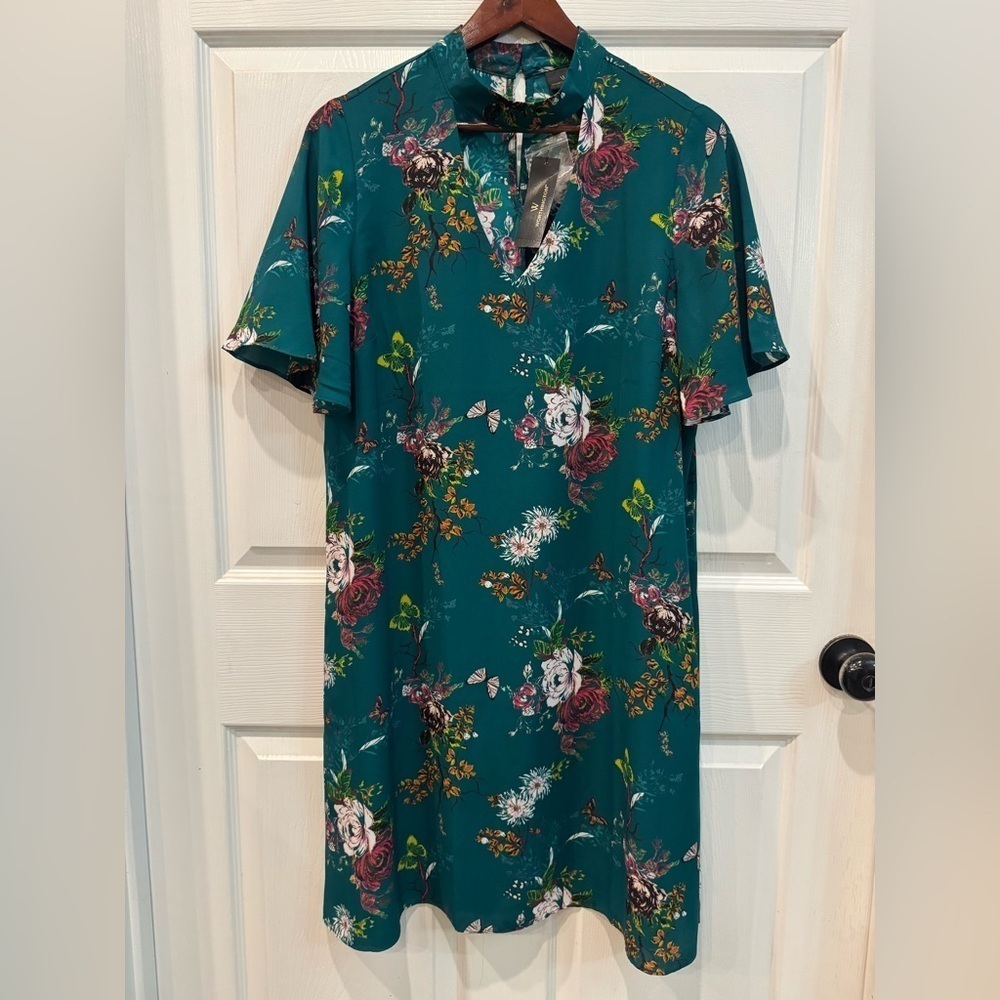 NWT Worthington Dress Emerald Green Floral A-Line Shift Dress w Pockets Size 14